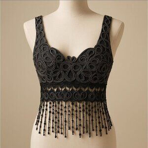Black Lace Embroidered Bra Top With Fringe Detail Adjustable Bust By SAM U.S.A S
